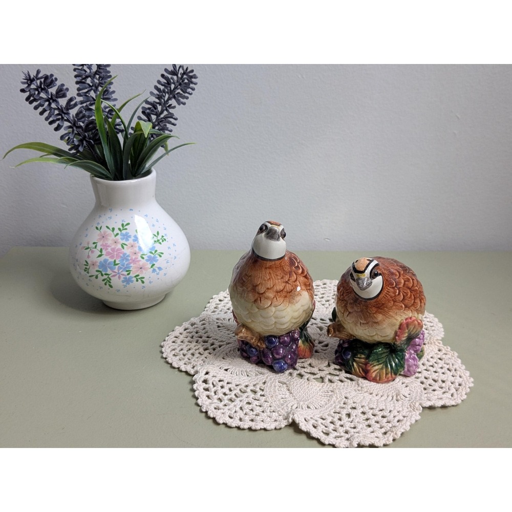 Vintage Quail Salt Pepper Shakers Ceramic Birds Fruit Japan Style 1960s